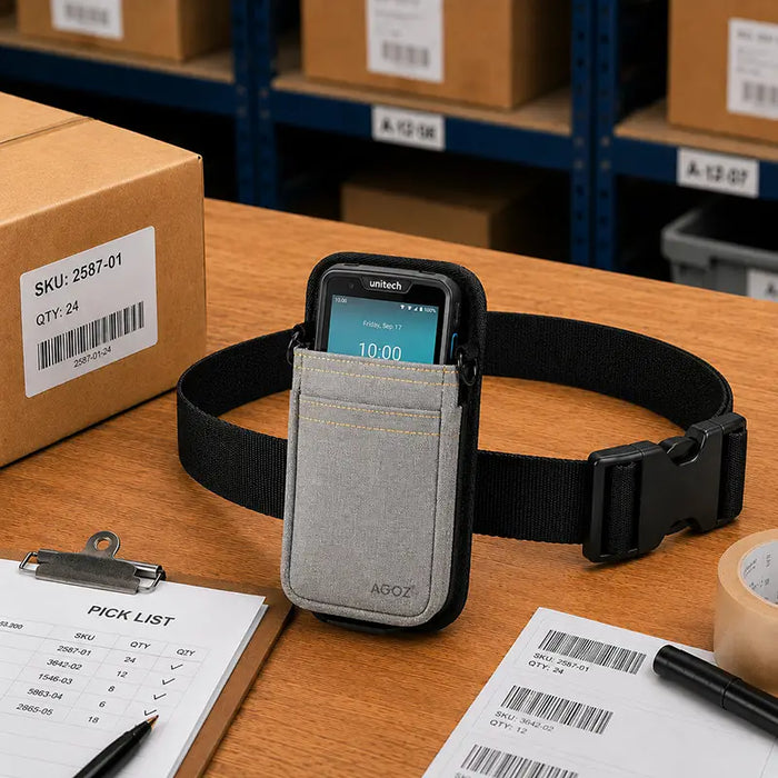 Gray Unitech waist belt pouch displayed on a warehouse pick station with a compact scanner, pick list, barcode labels, and order processing materials.