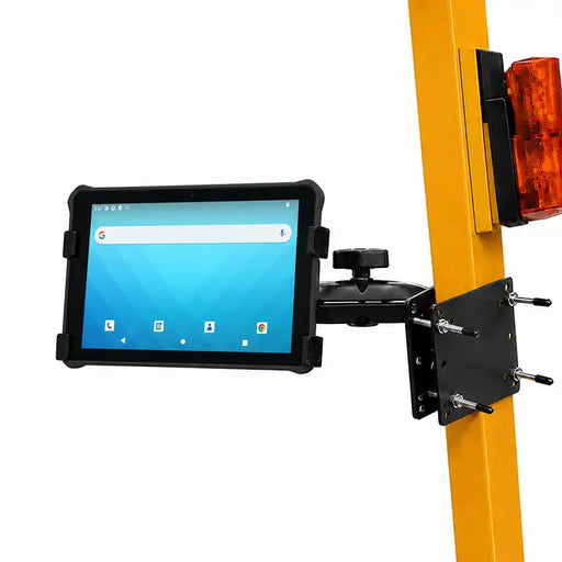Unitech RT112 tablet secured in an Agoz forklift mount attached to a yellow warehouse vehicle frame
