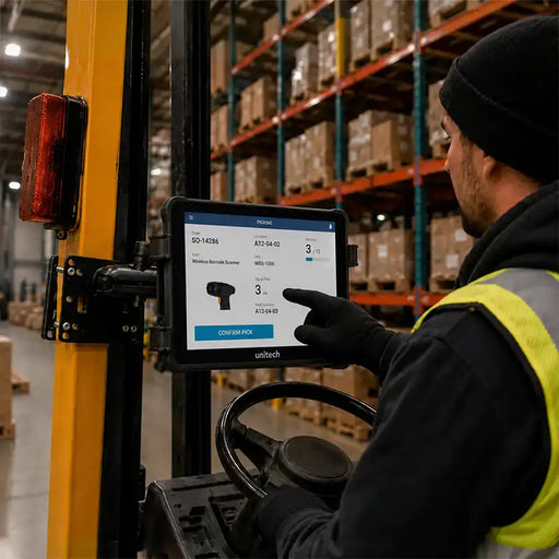 Forklift operator using a mounted Unitech RT112 tablet to confirm a warehouse picking task