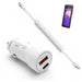 White 38W iMin mobile POS terminal car charger with Quick Charge 3.0 USB-A port, USB-C PD port, and white coiled charging cable.