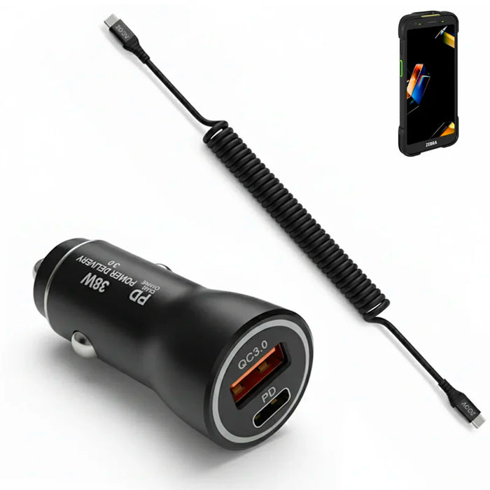Zebra TC701 Car Charger 38W with Fast USB C Coiled Cable