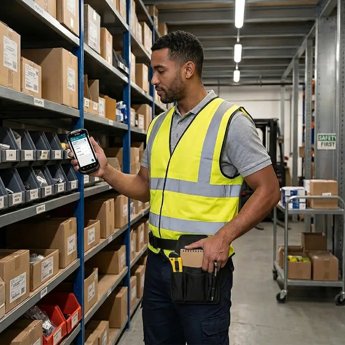 Warehouse worker holding a Zebra mobile computer while wearing an AgozTech black tool pouch with supplies organized on a waist belt.
