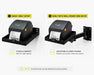 Comparison of the Agoz desktop printer shelf installed directly to a wall or with an adjustable swing arm.