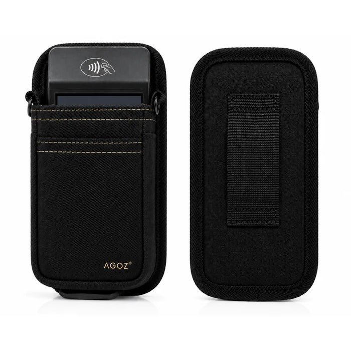 Black Adyen POS handheld waist belt bag with visible brand logo on a white background