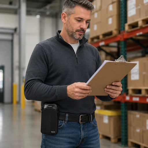 Warehouse employee reviewing inventory paperwork while wearing a black AGOZ belt case holding a rugged Chainway handheld scanner.