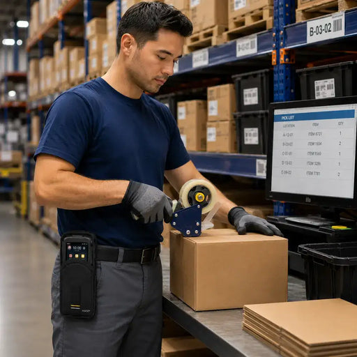Man carrying a Point Mobile computer terminal in a belt case while working in a warehouse shipping area