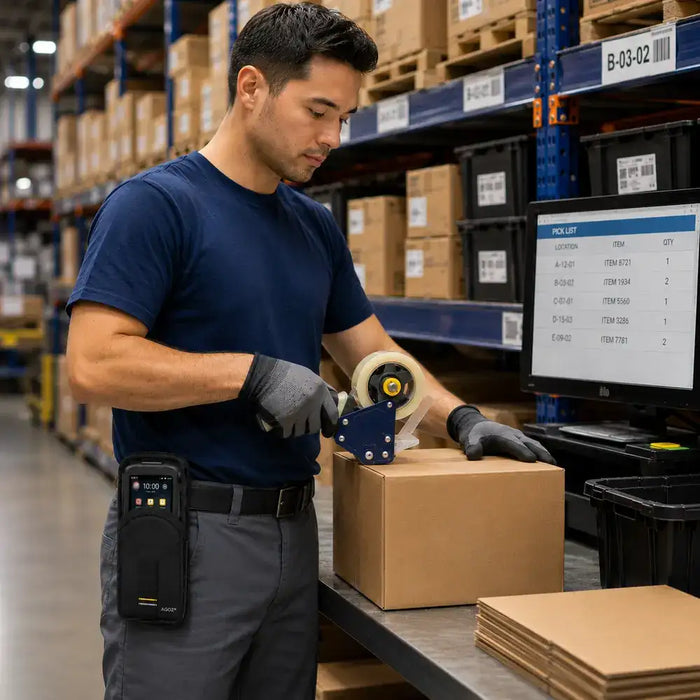 Man carrying a Point Mobile computer terminal in a belt case while working in a warehouse shipping area