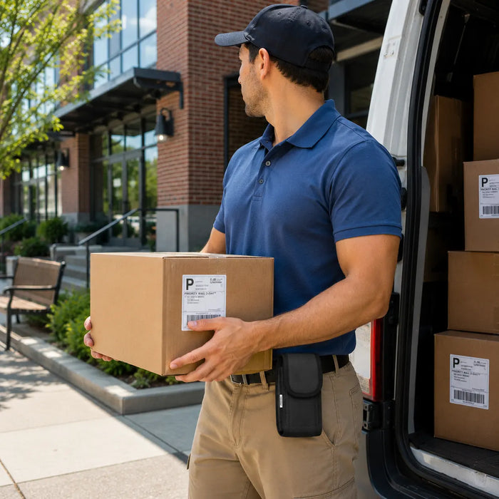 Delivery driver holding a package with both hands beside a delivery van, wearing a compact black AGOZ belt case on his front hip.