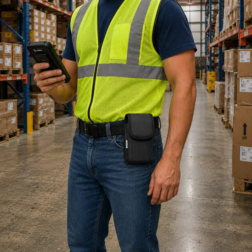 Warehouse employee wearing a compact black AGOZ belt case and holding a Zebra handheld scanner in a clearly visible warehouse aisle.