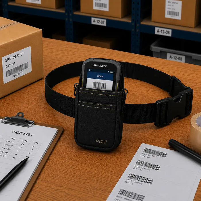 Black AGOZ waist belt scanner case holding a Datalogic mobile computer on a warehouse packing table with barcode labels, a pick list, and packing supplies.