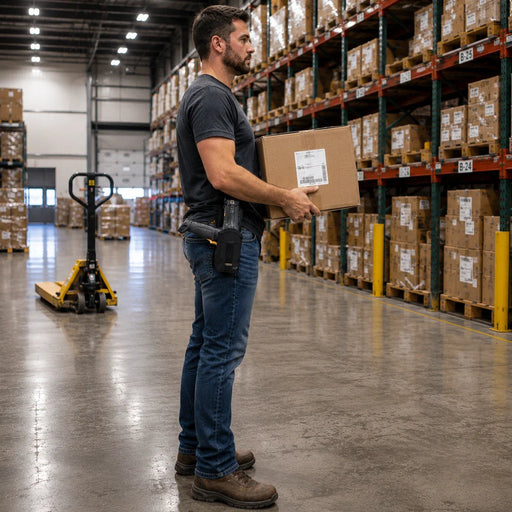 A man with a honeywell mobile computer scanner in a belt holster is carrying a box in a warehouse