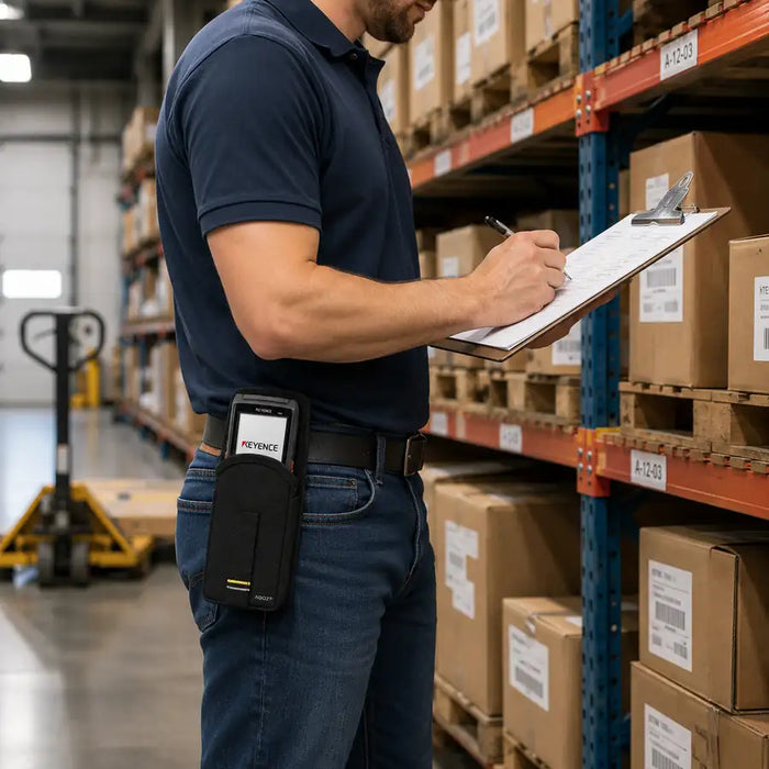 Warehouse worker checking inventory with a clipboard while carrying a Keyence handheld scanner in a black AGOZ belt case.