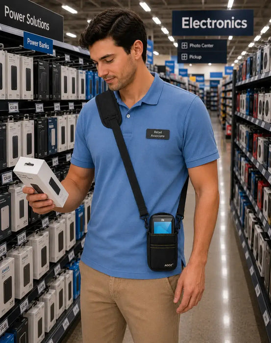 A retail employee with a crossbody case for Elo handheld scanner checking a product in a store
