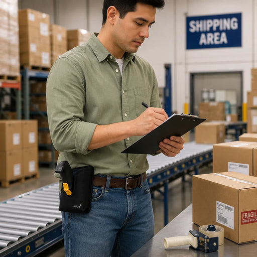 warehouse employee with Urovo scanner grip handle holster is checking inventory in a shipping area