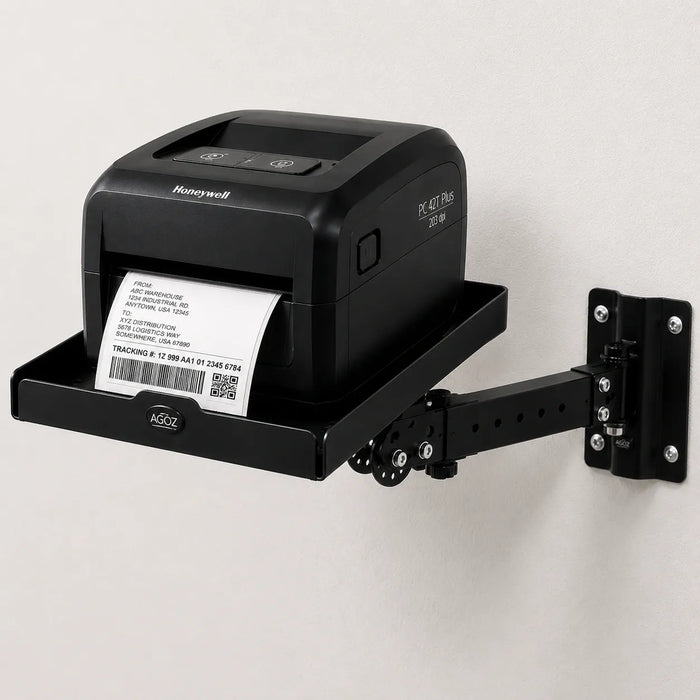 AgozTech Honeywell printer wall mount shelf with black stainless steel tray and industrial swing arm