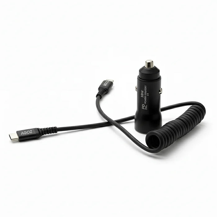 Black 38W dual-port car charger with Agoz USB-C coiled charging cable for iMin mobile POS terminals, displayed on a white background.