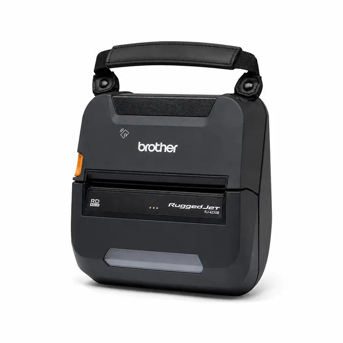 Brother mobile printer with AgozTech printer hand strap installed, shown from an angled front view on a white background.