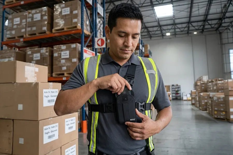 Warehouse worker using a Chest Harness Holster for Newland Mobile Scanners in a storage facility with boxes and shelving in the background