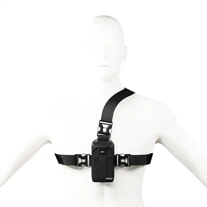 Chest harness scanner pouch displayed on mannequin with front strap and side buckles