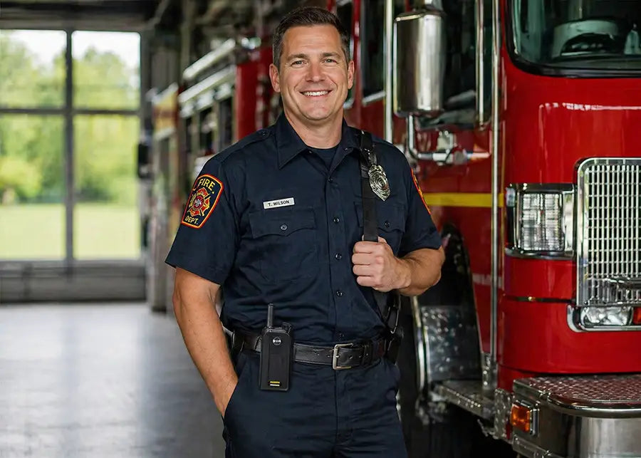 Firefighter standing inside a fire station next to a fire truck, wearing an AgozTech radio case with snap closure holding a Tait two-way radio on his belt