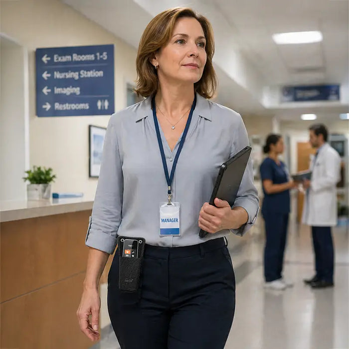 Healthcare manager walking through a clinic with a Gigaset wireless phone secured in an Agoz canvas belt case.