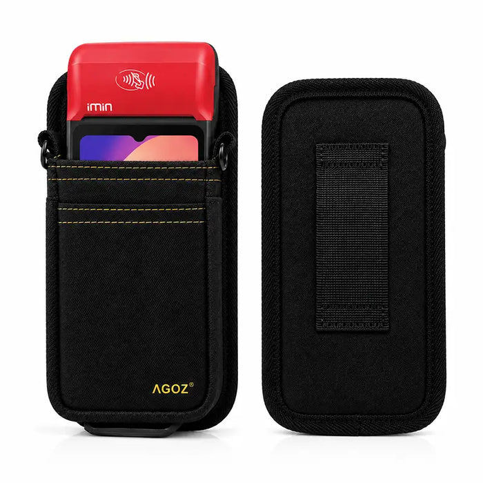 Front and back views of the Agoz holster for iMin POS handheld terminals, showing the protective pouch and rear belt loop.