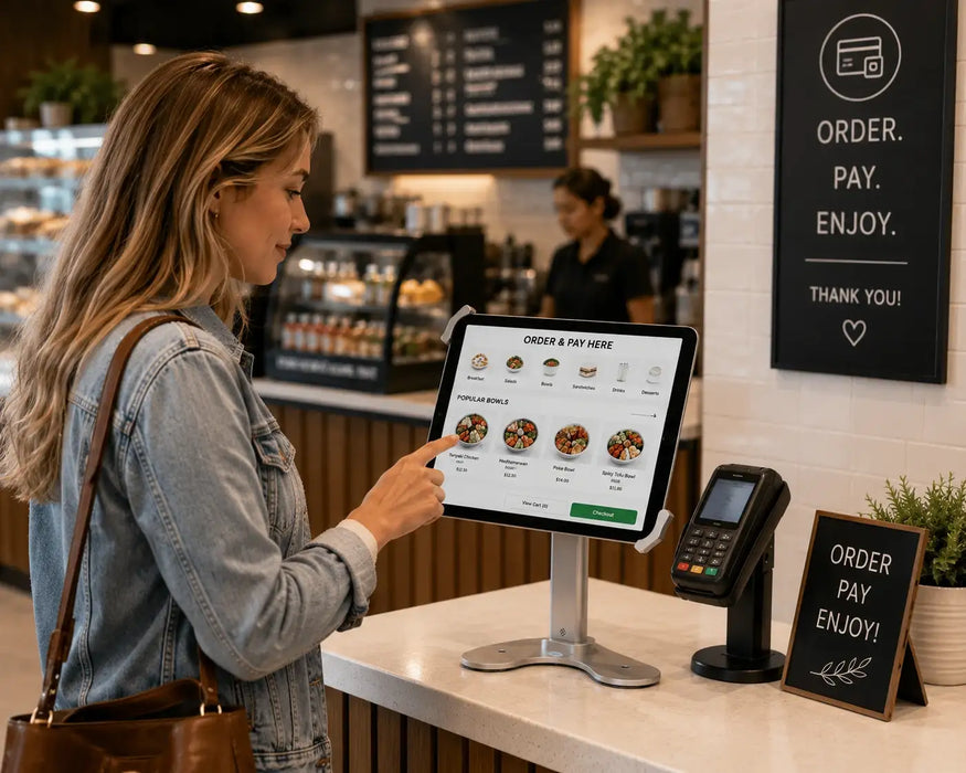 A customer at shelf checkout with high profile iPad stand