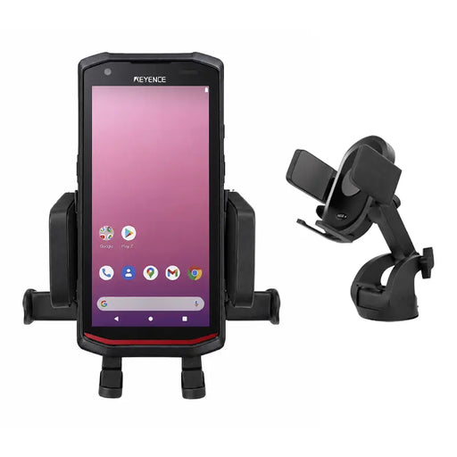 Keyence mobile computer secured in a vehicle cradle mount with dashboard mounting bracket shown on a white background