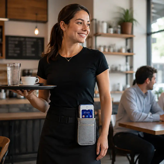 Server wearing Rugged myPOS Payment Terminal Holster with Waist Belt during tableside service