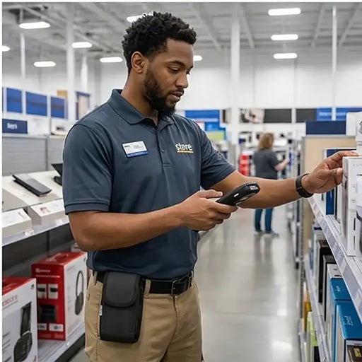 Retail worker wearing an AgozTech rugged Zebra handheld case with belt clip while scanning shelf inventory in an electronics store aisle.