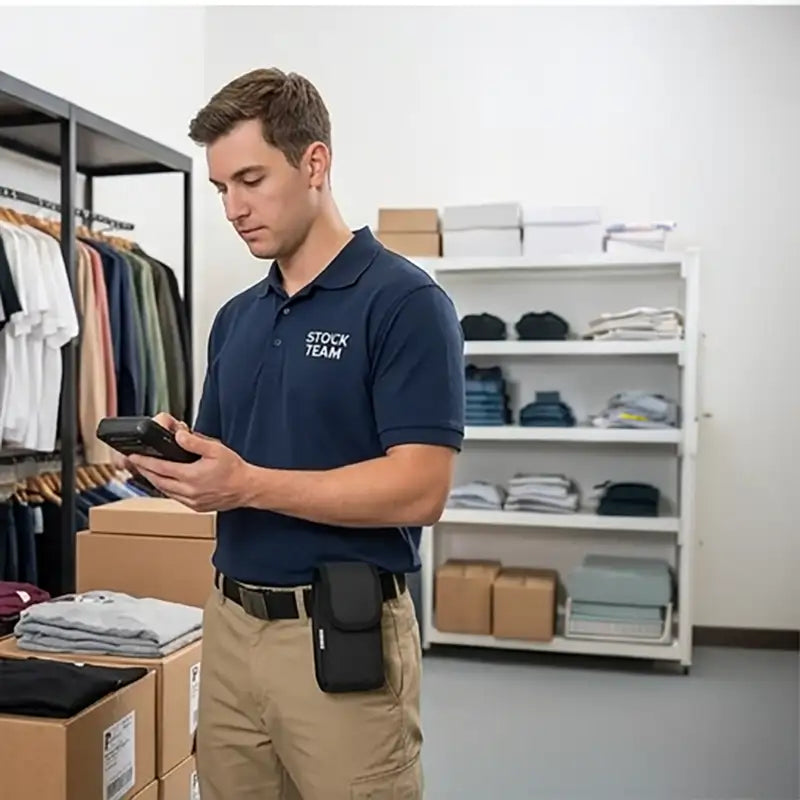 Stock team worker wearing the rugged Panasonic Toughbook case with belt clip on his waist while using a handheld device in a retail backroom inventory area.