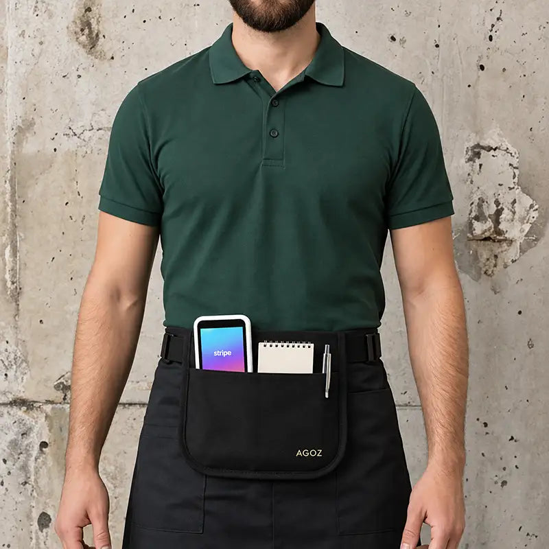 Agoz server apron pouch carrying Stripe Reader, order notepad, and pen for tableside service