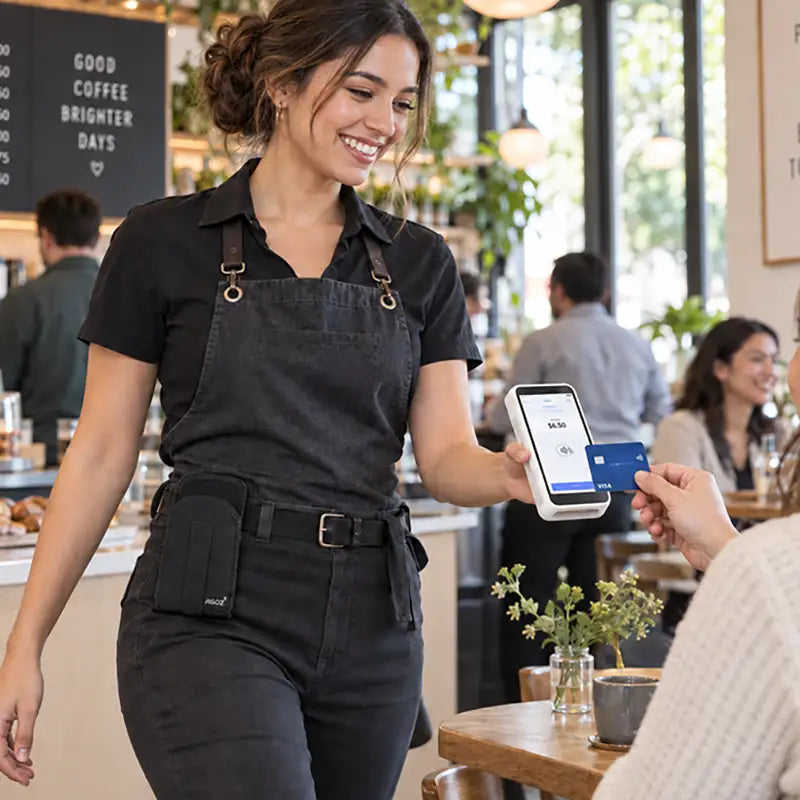 Café worker using a Stripe Reader S700 for mobile payment while wearing an empty Agoz black canvas case on her waist belt.