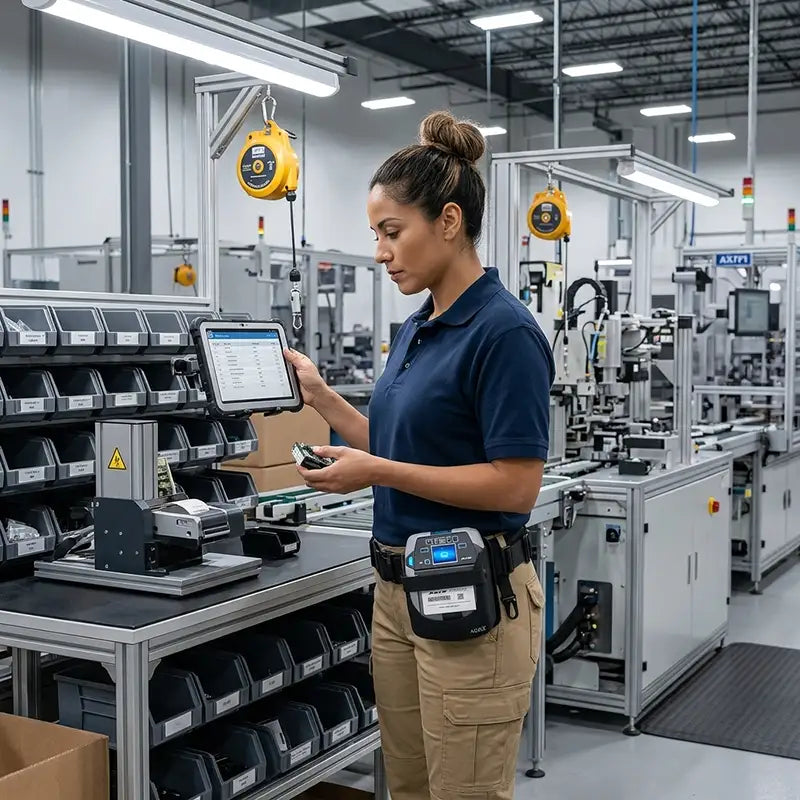 Warehouse worker using a tablet at an industrial workstation while wearing an AgozTech SATO mobile printer waist belt.