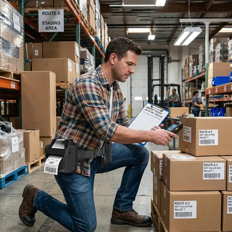 Warehouse worker using a mobile scanner while wearing an AgozTech waist belt holster with mobile printer for route staging.