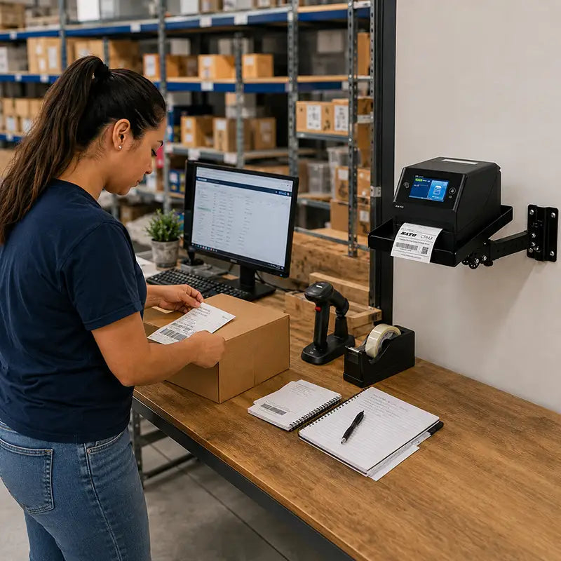 SATO printer on an AgozTech wall mount shelf at a warehouse shipping station as a worker labels a box.