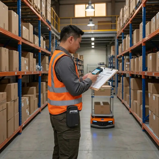 Warehouse associate using a Urovo mobile computer with a belt-mounted Agoz case during shared inventory workflows.