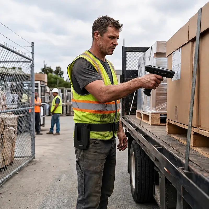 Worker wearing an Agoz belt-mounted scanner holster scans pallet labels with a Cognex trigger-handle scanner during outdoor loading and logistics operations.