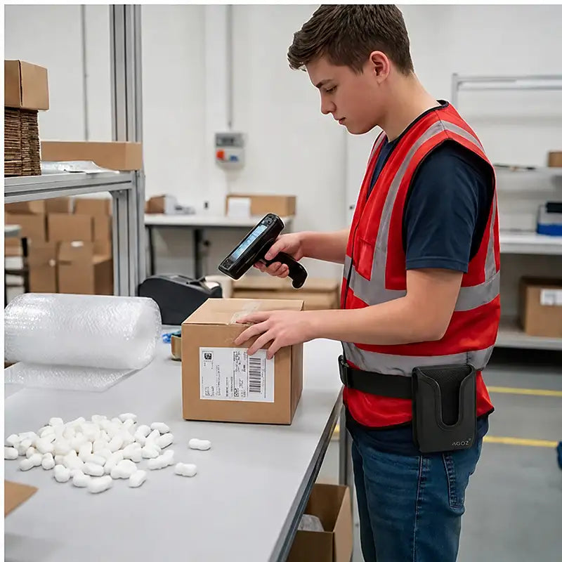 Worker scanning a package with a Datalogic trigger scanner while a black Agoz holster stays ready on the waist belt.