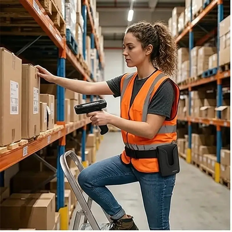 Warehouse worker using an Elo scanner with handle while wearing an Agoz belt case for mobile order and inventory workflows.