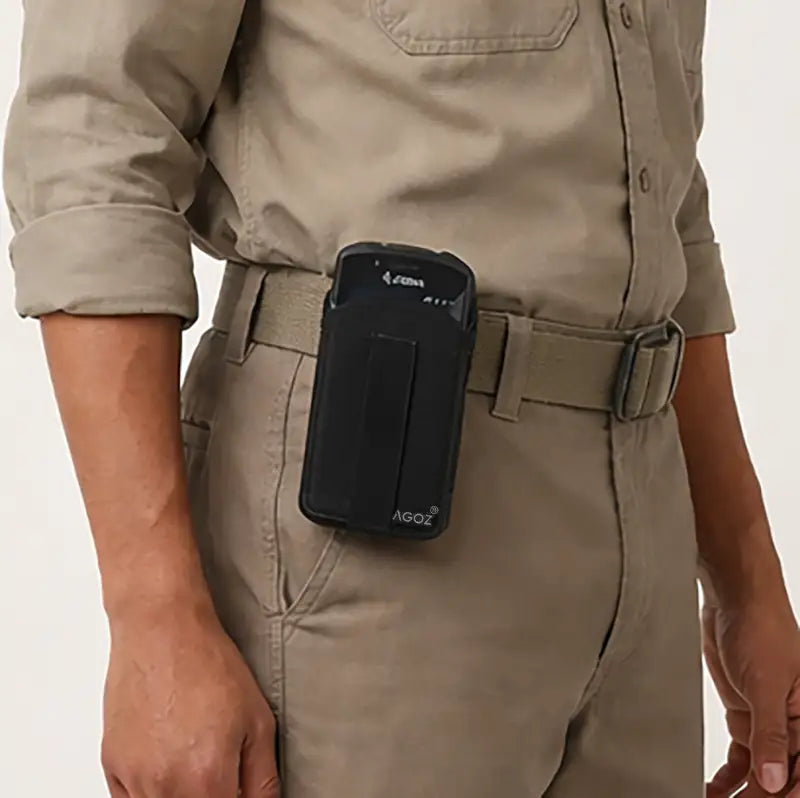 Worker wearing AgozTech black holster case with Zebra TC78 handheld mobile computer on waist belt