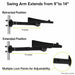 Agoz TSC printer pole-mount arm shown in 9-inch retracted and 14-inch extended positions with multiple locking points.