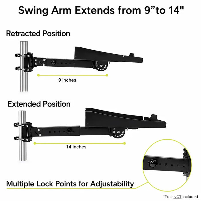 Agoz Honeywell printer pole-mount arm shown in 9-inch retracted and 14-inch extended positions with multiple locking points.