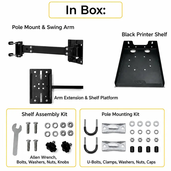 Agoz SATO printer pole mount package contents with swing arm, shelf, U-bolts, clamps, and assembly hardware.