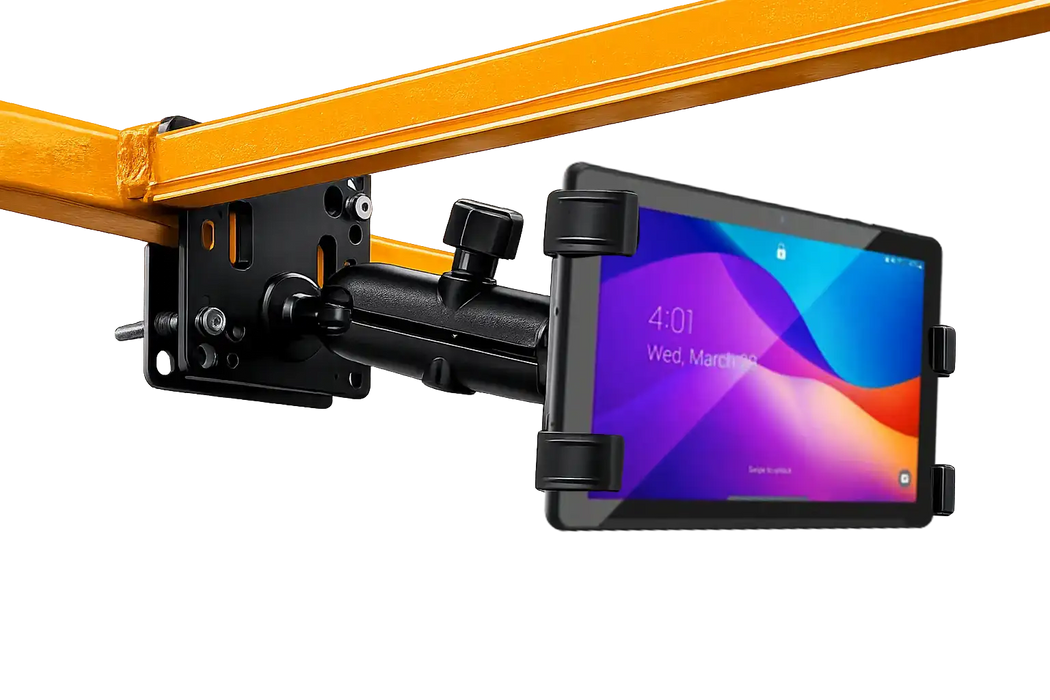 AGOZ iPad Tablet Mount Holder for Forklifts mounted under the overhead guard with a tablet secured in the cradle.