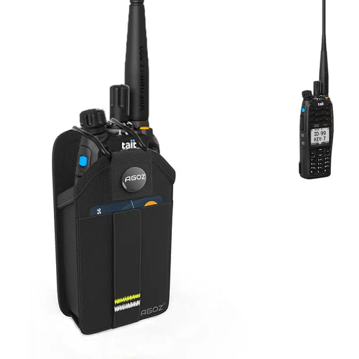 AgozTech radio case with snap closure holding a Tait multiband portable radio