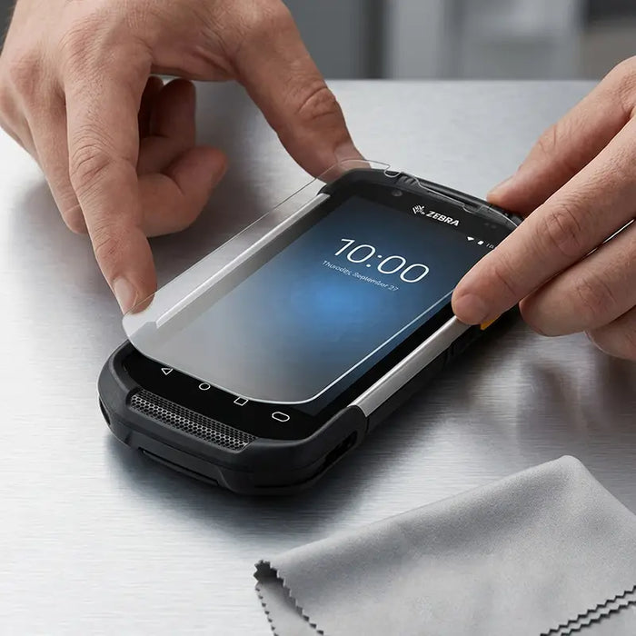 Tempered glass screen protector being aligned onto Zebra TC77 rugged mobile computer display