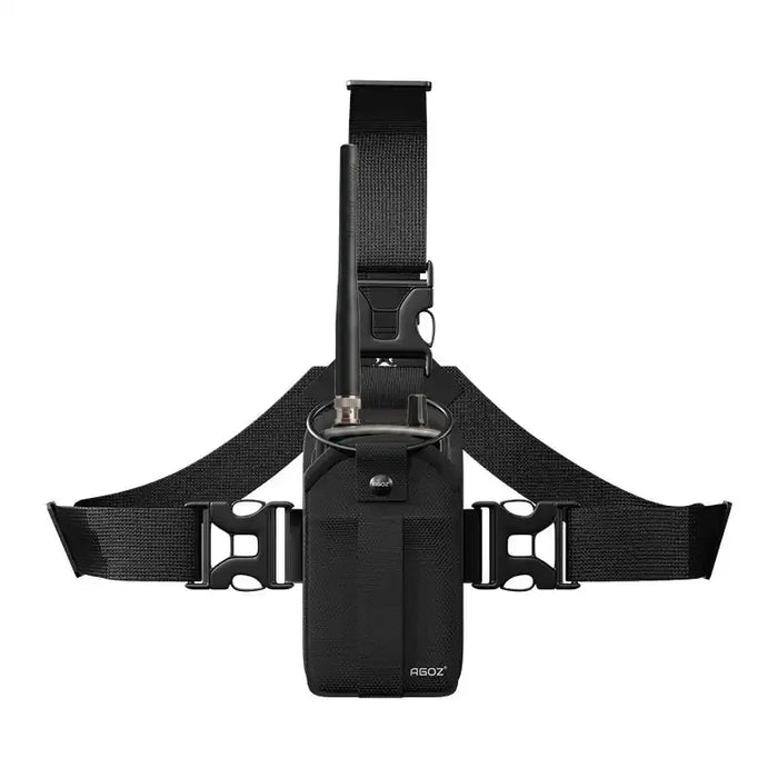 Front view of AgozTech chest harness holster holding Uniden radio scanner