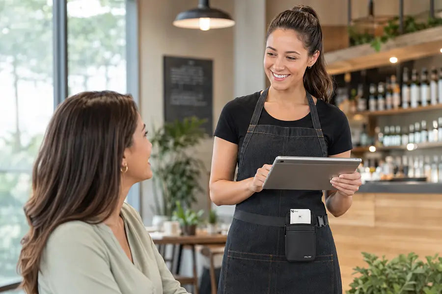 Waitress wearing a Valor mobile POS terminal holster with waist belt while taking an order from a customer in a modern restaurant.
