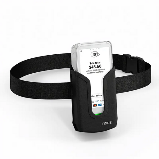 AgozTech black holster case with waist belt holding Clover Flex 4 C406 payment terminal